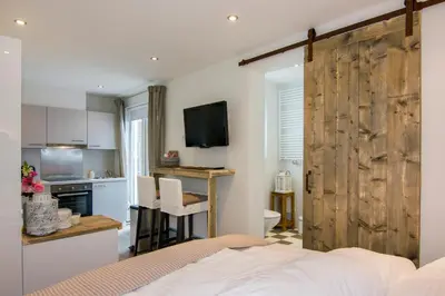 a bedroom with a sliding barn door and a kitchen at Romana in Zandvoort