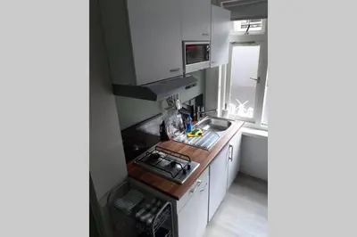 a small kitchen with a stove and a sink at Zomerhuis Strand 28 in Egmond aan Zee