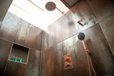 a bathroom with a shower with a microphone at LODGE & LOFT in Sassenheim