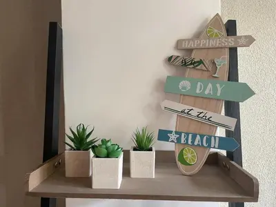 a shelf with potted plants and signs on it at Coconut Beach apartments in Zandvoort