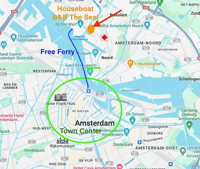 a map with a red and green circle at Houseboat apartment with water terrace, free bikes & fast wifi in Amsterdam