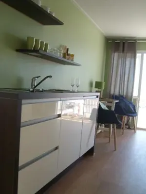 a kitchen with a sink and a table in a room at Luxe Strandhuisje op het strand van Wijk aan Zee met wifi in Wijk aan Zee
