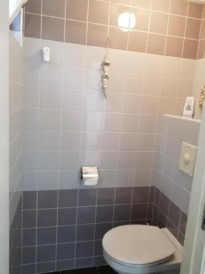 a bathroom with a toilet with blue and white tiles at Ferienhaus Abenteuer in Egmond aan Zee