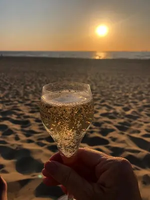 a person holding a glass of champagne on the beach at Ferienhaus Abenteuer in Egmond aan Zee