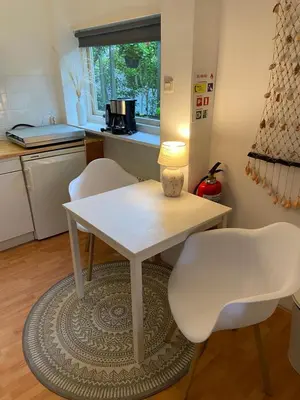 a white table and two chairs in a kitchen at Gartenblick in Zandvoort