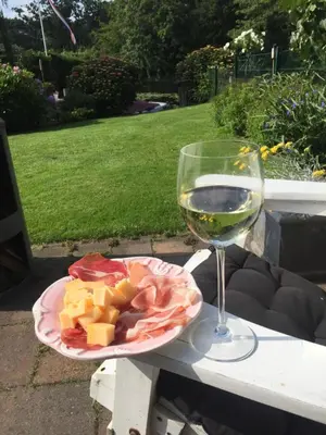 a plate of cheese and a glass of wine on a table at Tiny House Boatshed in Heemstede