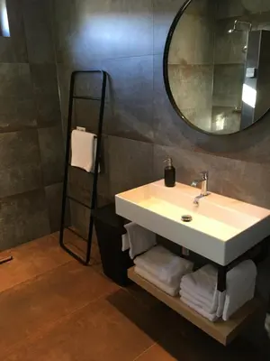 a bathroom with a sink and a mirror and towels at Woudmeer 1 in Dirkshorn