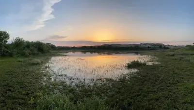 a sunset over a river with the sun setting at 4T4 Apartment B in Egmond aan den Hoef