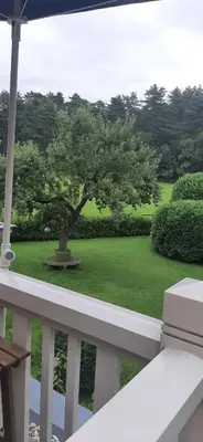 a balcony with a tree in a field of grass at Huize Koempoelan in Naarden