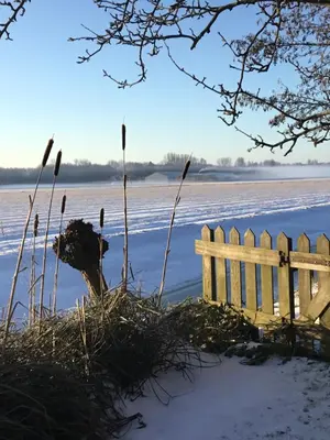 a wooden bench in the snow next to a fence at Klein Langeveld in Noordwijkerhout