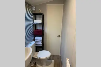a small bathroom with a toilet and a sink at Cheerful and relaxing chalet Viena(Park deHorn824) in Dirkshorn