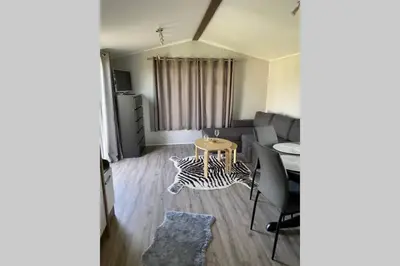 a living room with a couch and a table at Cheerful and relaxing chalet Viena(Park deHorn824) in Dirkshorn
