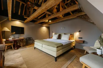 a bedroom with a large bed and a desk at MAF Haarlem Boutique Hotel in Haarlem
