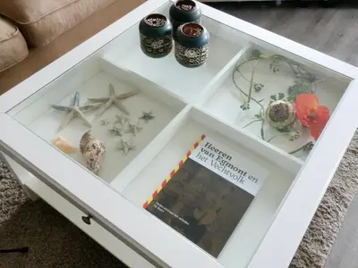 a white coffee table with seashells and other items in it at Droomvakanties Egmond Zeezicht in Egmond aan Zee