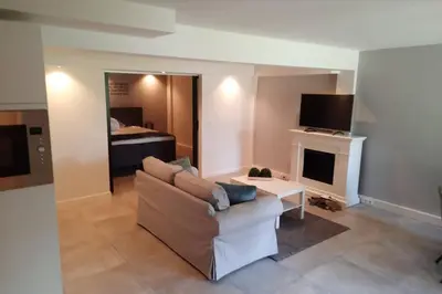 a living room with a couch and a fireplace at Have a nice stay! - Souterrain Edelweiss in Noordwijk