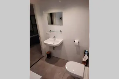 a bathroom with a toilet and a sink at Have a nice stay! - Souterrain Edelweiss in Noordwijk