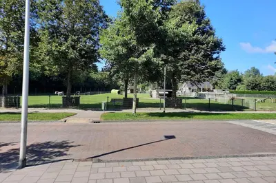 a street with a pole and a park with trees at Have a nice stay! - Souterrain Edelweiss in Noordwijk