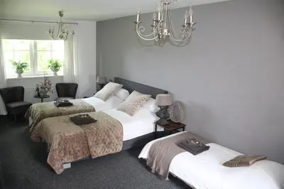 a group of four beds in a room with a chandelier at Studio Bed and Breakfast Zaans Moment in Assendelft