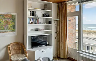 a living room with a tv and a book shelf at Zwaluwnest in Bergen aan Zee