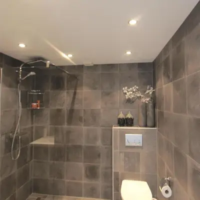 a bathroom with a shower and a toilet at Appartementen aan zee in Egmond aan Zee