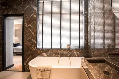 a bathroom with a bath tub and a window at Cavallaro Hotel in Haarlem