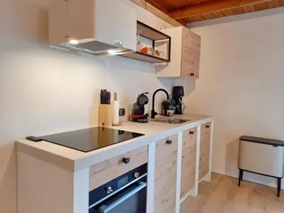 a small kitchen with a sink and a counter top at Suite Pura Vida in Oud-Ade