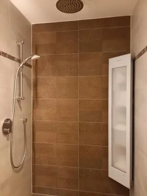 a bathroom with a shower with a glass door at Suite Pura Vida in Oud-Ade