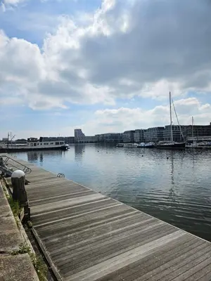 a river with a wooden dock in the water at Waterfront Studio in Amsterdam