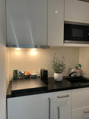 a kitchen with white cabinets and a counter top at Great Apartment Amsterdam in Amsterdam