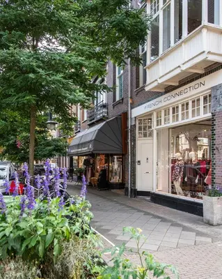 a store with purple flowers in front of a street at Luxurious Residence in Vondelpark/Museum District in Amsterdam