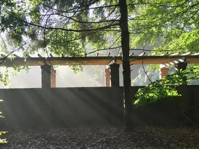 a fence in front of a building with a tree at Amsterdamgarden - stunning garden villa with pool close to Amsterdam in Laren