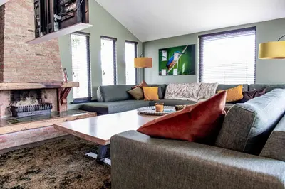 a living room with a couch and a fireplace at Villa aan 't Wiel op Recreatiepark De Wielen in Sint Maarten