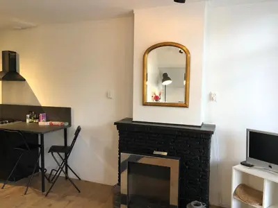 a living room with a fireplace and a mirror at Thomasloft in Oegstgeest