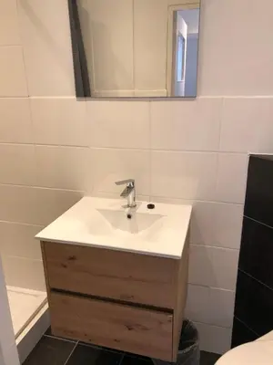 a bathroom with a sink and a mirror at Thomasloft in Oegstgeest