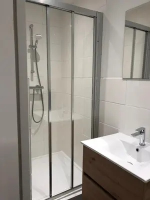 a bathroom with a shower and a sink at Thomasloft in Oegstgeest