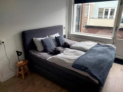 a dog laying on a bed in a room with a window at Have a nice stay! - Apartment Duinvos 150m from the beach in Noordwijk aan Zee