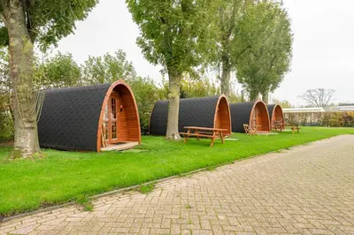 a row of domed tents in a field with trees at Tiny Camping Pod in Warmond
