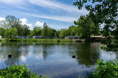 a large lake with trees and houses in the background at EuroParcs Het Amsterdamse Bos in Amstelveen