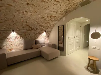 a living room with a couch and a brick wall at Vlinder's in Utrecht