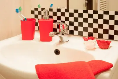 a bathroom sink with two red cups with toothbrushes at Mariahoeve-Logies #Polderhuisje in Woubrugge