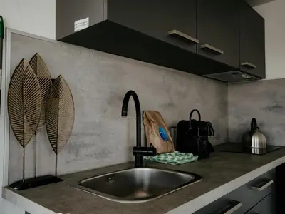 a kitchen sink with a faucet on a counter at Luxury Houseboat Getaway in Uitgeest