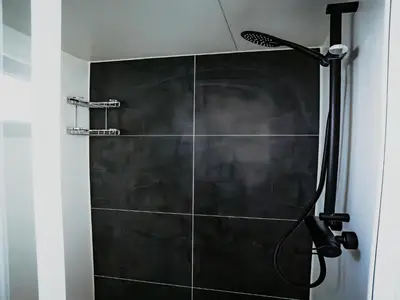 a shower in a bathroom with a black wall at Luxury Houseboat Getaway in Uitgeest