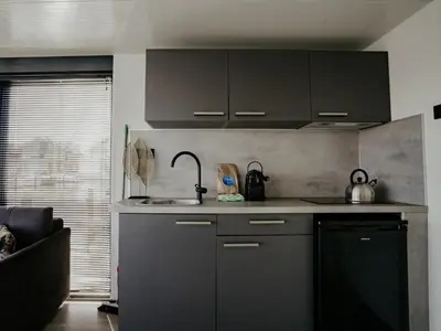 a kitchen with black cabinets and a sink at Luxury Houseboat Getaway in Uitgeest