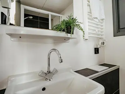 a white sink in a white bathroom with a plant at Tiny houseboat Uitgeest I in Uitgeest