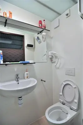 a bathroom with a toilet and a sink at Gypsy Waggon - A villa on wheels in Amsterdam