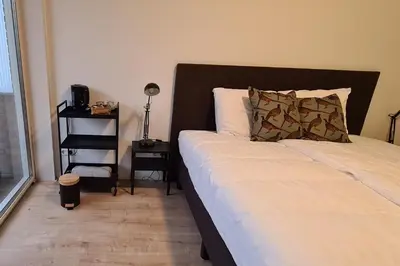a bedroom with a bed with a black headboard at B&B Het Groene Hart in Nieuwkoop