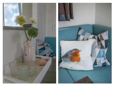 two pictures of a blue couch with a bird on a pillow at Purperreiger 24-34 in Breukelen