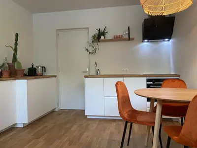 a kitchen with a table and chairs in a room at Northgo apartment in Noordwijk