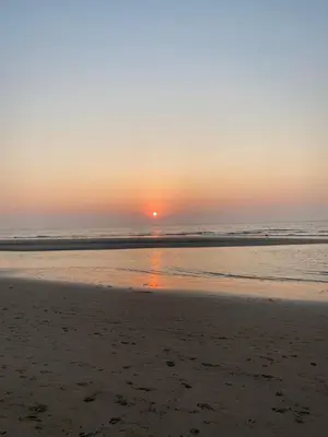 a sunset on a beach with the ocean at Northgo apartment in Noordwijk