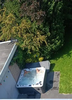 an overhead view of a swimming pool with two dogs in it at Villa Cosy Central incl Jacuzzi Near trainstation, beach and city in Heemstede